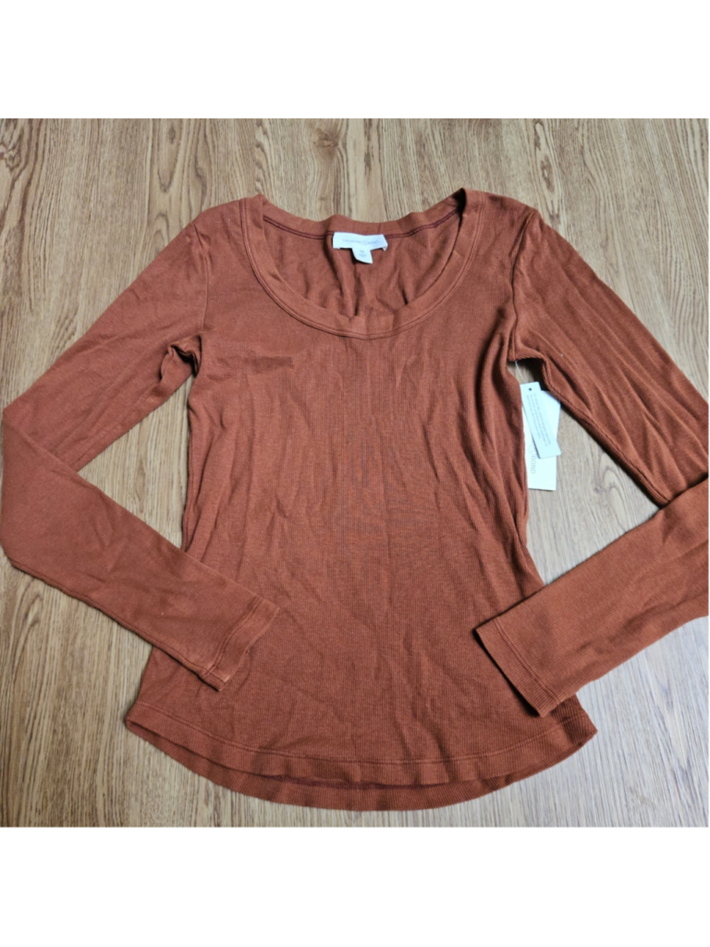 Treasure & Bond Nordstrom Brown Ribbed Scoop Neck Long Sleeve Top Womens XS Nwt